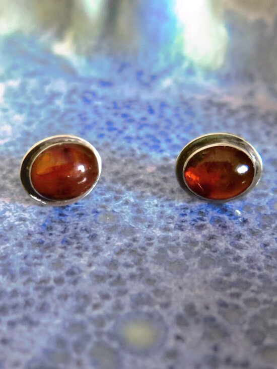 Handmade Jewelry - Vintage Amber Cabochon Orange/Cognac Stone with Silver Stud Post Earrings